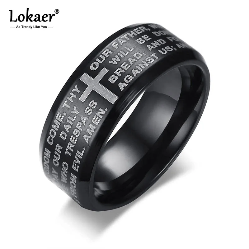

Lokaer Neo-Gothic Stainless Steel Men's Religious Rings Jewelry 8MM English Lord Prayer Ring 3 Colors Optional JR364