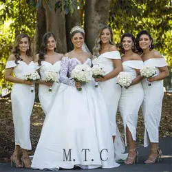 2019 короткое белое платье для невесты Фата стиль чай Длина лодочка шеи с плеча простые женские свадебные праздничные платья дешево