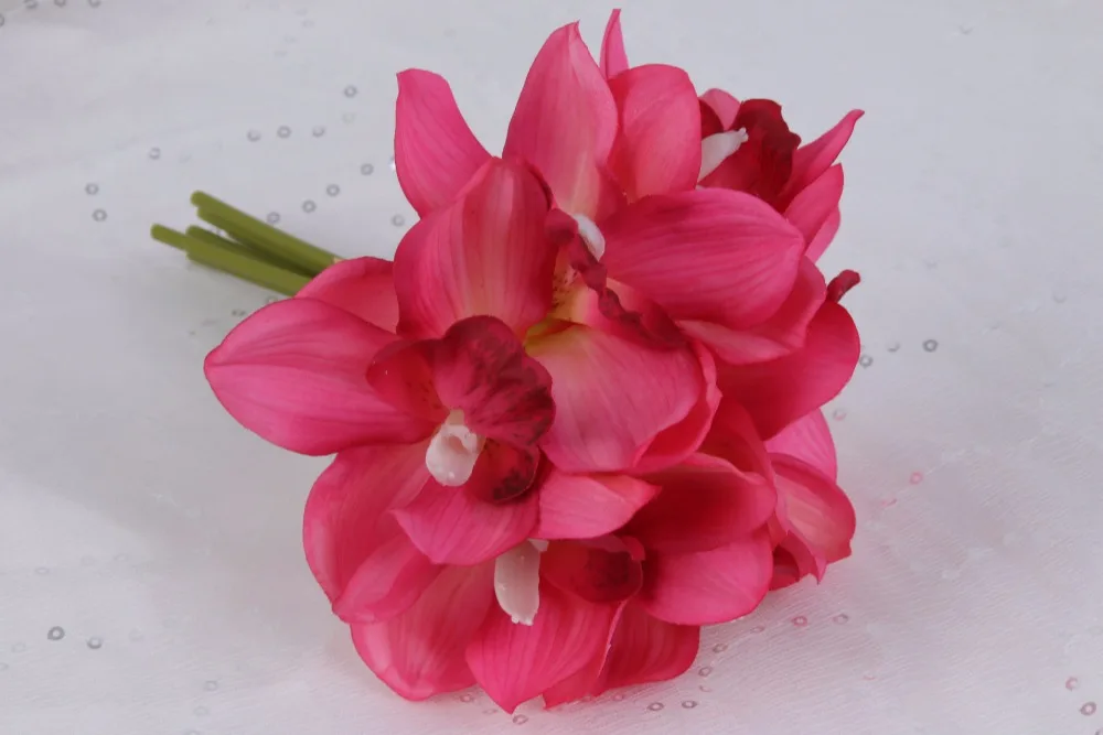 Flone 6 Heads Artificial Cymbidium Flowers Simulation Orchid Bouquet Real Touch Fake Flowers For Wedding Home Party Decoration (14)