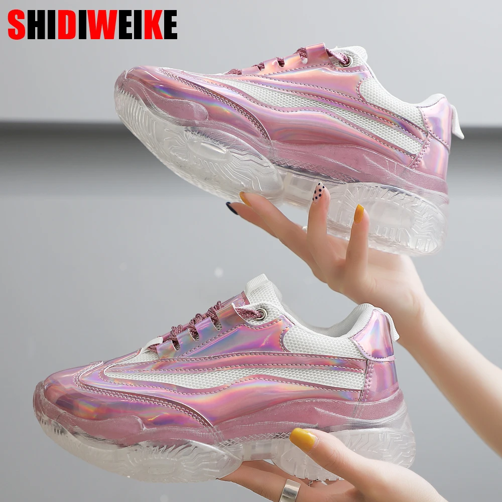 

White pink gun color 2019 lace up crystal sneakers women fashion Comfortable Bling Female trainers Wedges sneakers f516