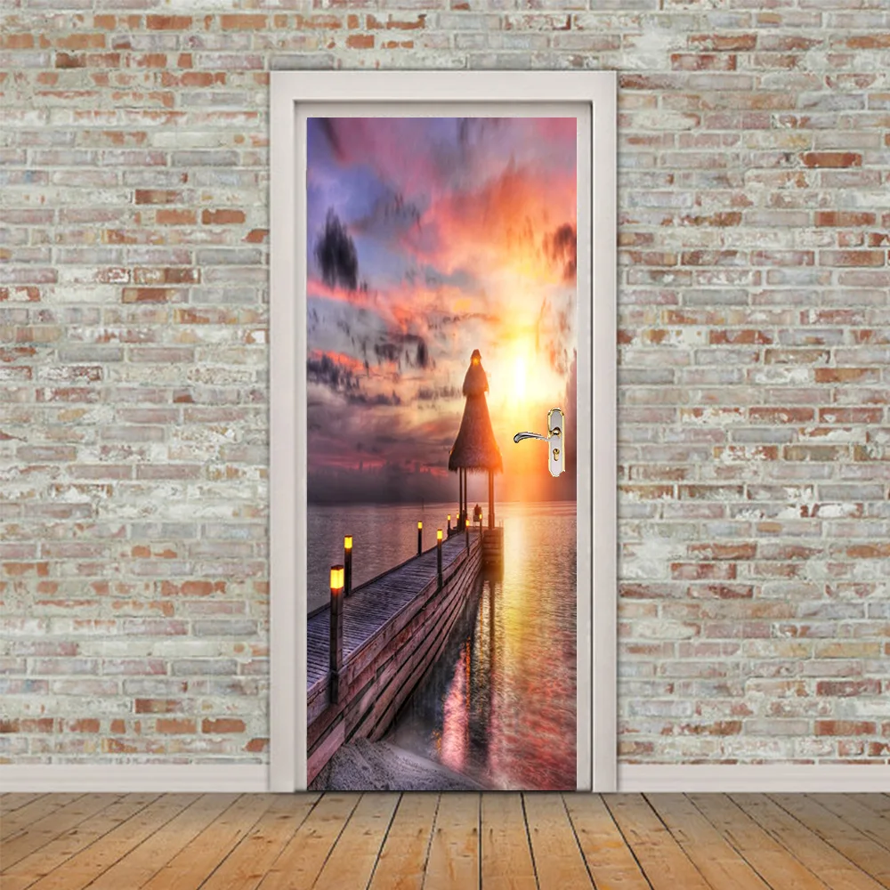 2 Panels Pavilion Pier In Sunrise Picture Mural Wall Stickers Door