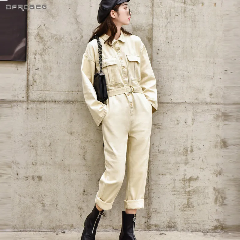

Blue Women's Retro Denim Jumpsuit Pants Rompers 2019 Autumn Streetwear Bodycon Female Loose BF Style High Waist Jeans Overalls