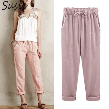 

Women Plus Size Cuffed Ankle Length Cropped Pants Solid Color Loose Casual Harem Trousers Drawstring Waist Thin Streetwear M-5XL