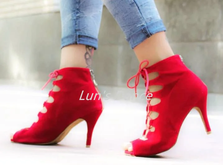 Пикантные красные замшевые ботинки для танцев Salsa латинских танцев сальса танго Бачата Mambo Обувь для танцев Salsa танцевальные сапоги на