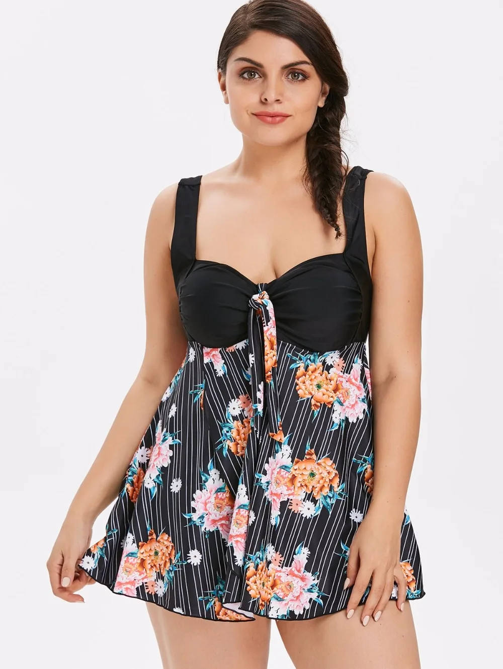 

Plus Size Knot Front Floral Tankini Set Women Sexy Push UP Swimsuit Print Swim Dress Beach wear Strappy Bathing Suit