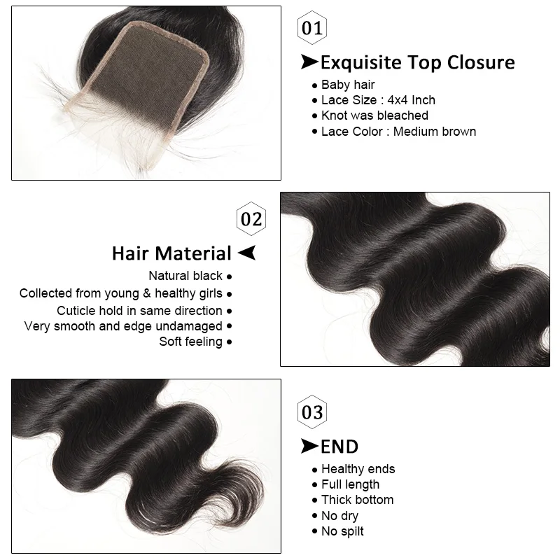 [FYNHA] Indian Virgin Human Hair Body Wave Weave 3 Bundles With Lace Closure Extensions