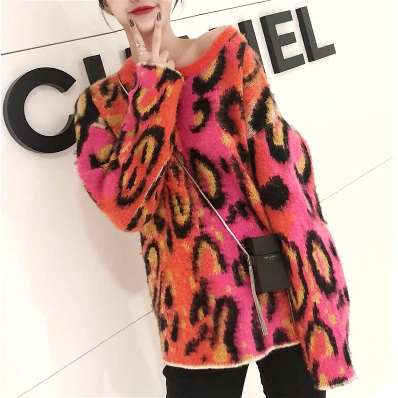 

women leopard sweater long sleeve o neck loose mohair sweater female jumper knitted autumn winter warm knitted sweater F139