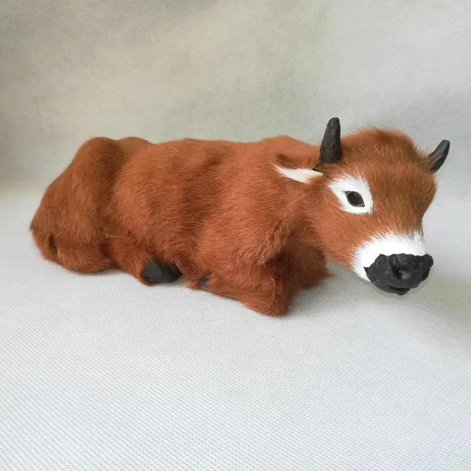 real life toy brown cattle plastic&real furs lying cattle model about