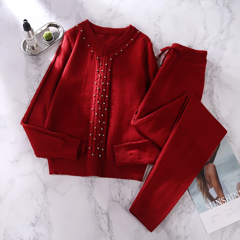 ALPHALMODA New Winter Women Knitted Diamond Sweater Pants Suit Tidy V-collar Twisted Crystal Jumper Trousers Tracksuits