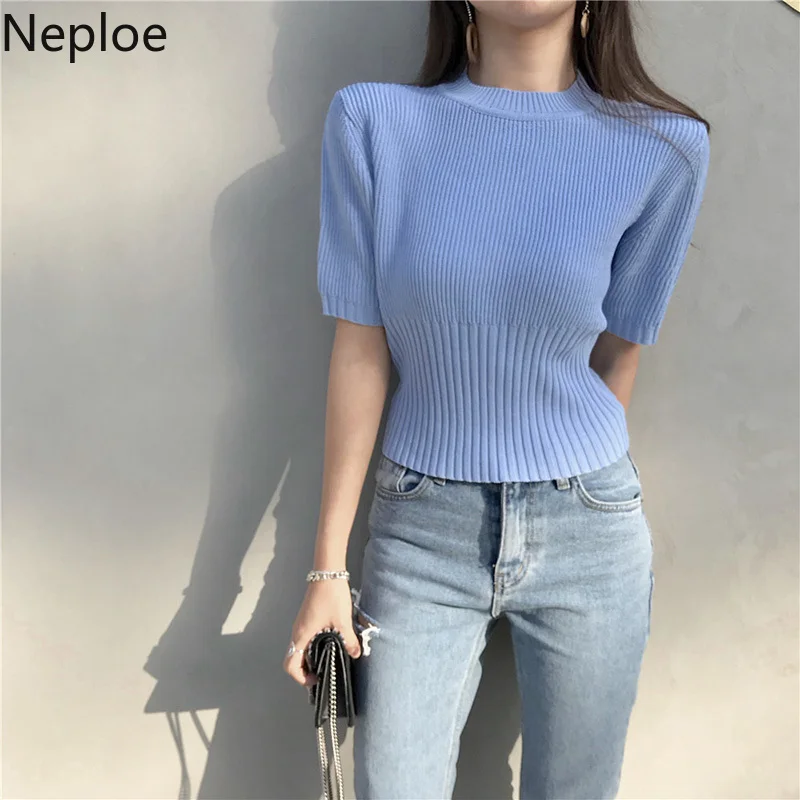 

Neploe Knitted Solid Women Tops Fashion O-Neck Short Sleeve Tees Summer 2019 Chic Slim Fit Female T Shirts 44368