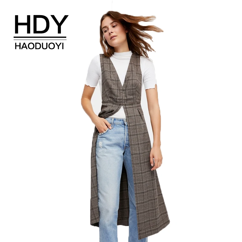 

HDY Haoduoyi Plaid Women Casual Tank Tops BF Style Buttons Ruffled Female Vintage Elegant Vests V-neck Sleeveless Lady Tank Tops