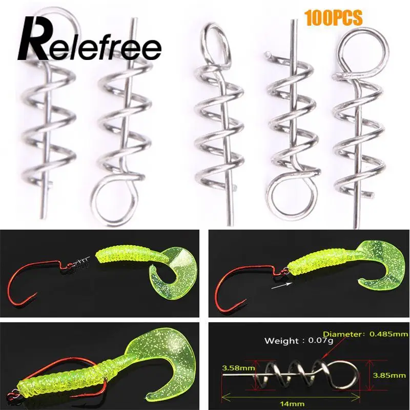 

Relefree 100 Pcs Soft Lure Baits Hook Spring Fixed Fishing Screw Needle Soft Worm