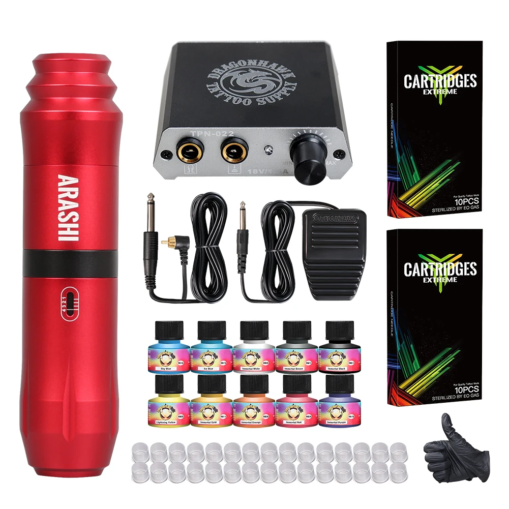 

New Complete Beginner Tattoo Kit Set Motor Pen Machine USA Gun Color Inks Power Supply Needles