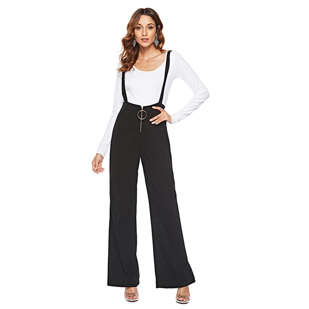 

Metal Ring Zipper Women's Overalls High Waist Women Bib Pants Female Suspenders Trousers Solid Color Lace Up Pants Braces Pants