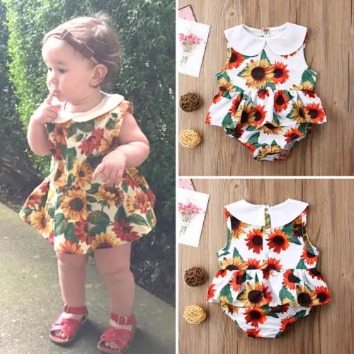 

2018 New Summer Cute Baby Girl Sunflower Romper Jumpsuit Kids Girls Colored Floral Sleevless Romper Peter Pan Neck Outfits