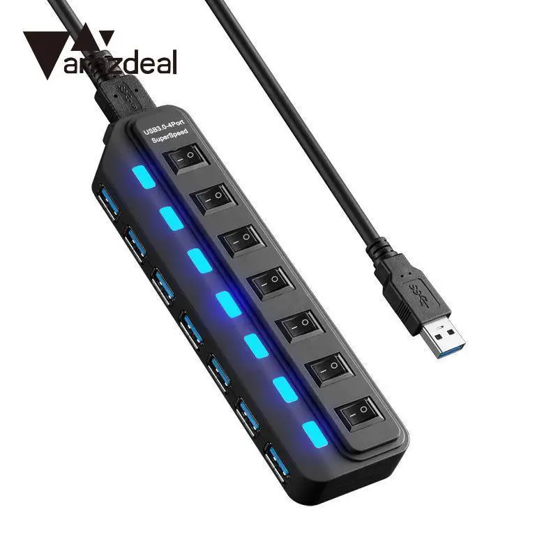 Amzdeal 7 портовый концентратор USB 3,0 сплиттер адаптер 5 Гбит/с концентратор с переключателем ВКЛ/ВЫКЛ для ПК Mac ноутбук Настольный ЕС штекер