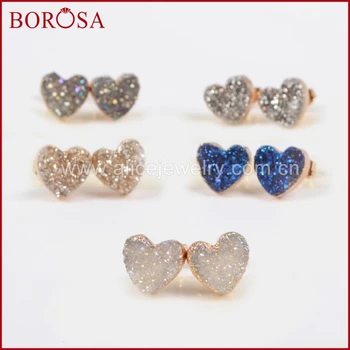 

BOROSA 5pcs New Design Gold Color Heart Natural Crystal Druzy Titanium Mix Color Druzy Stud Earrings G0910