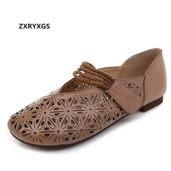 

2019 New Round Head Breathable Hollow Cowhide Summer Leather Sandals Women Shoes Flat Sandals Elegant Fashion Sandals Plus Size