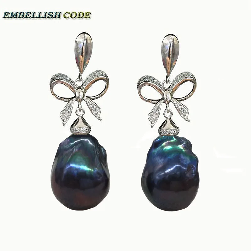 

baroque pearls elegant Bowknot style noble dangle earrings black blue color flameball freshwater pearl 925 silver for women