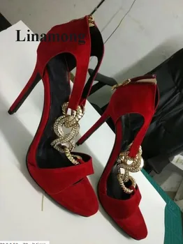 

Newest Flock Solid Metal Buttons Sexy Fashion Party Women Sandals Summer Thin High Heel Rear Zipper Metal Decoration Sandals