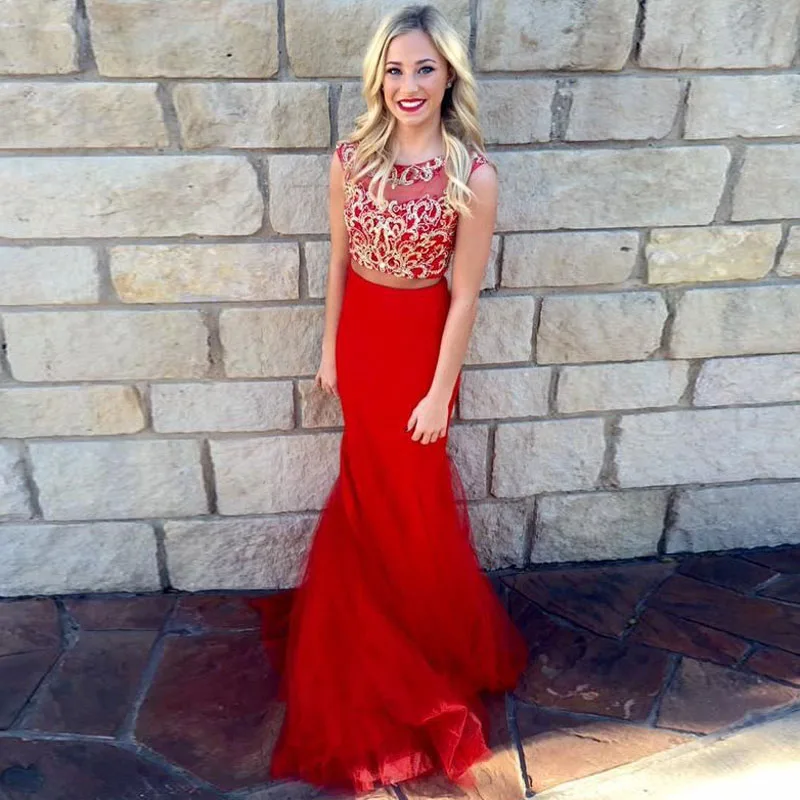 154.99 New Arrivals Two Pieces Prom Evening Dress Mermaid Beaded Long Red Formal Dress 2017 cap sleeves robe sirene longue