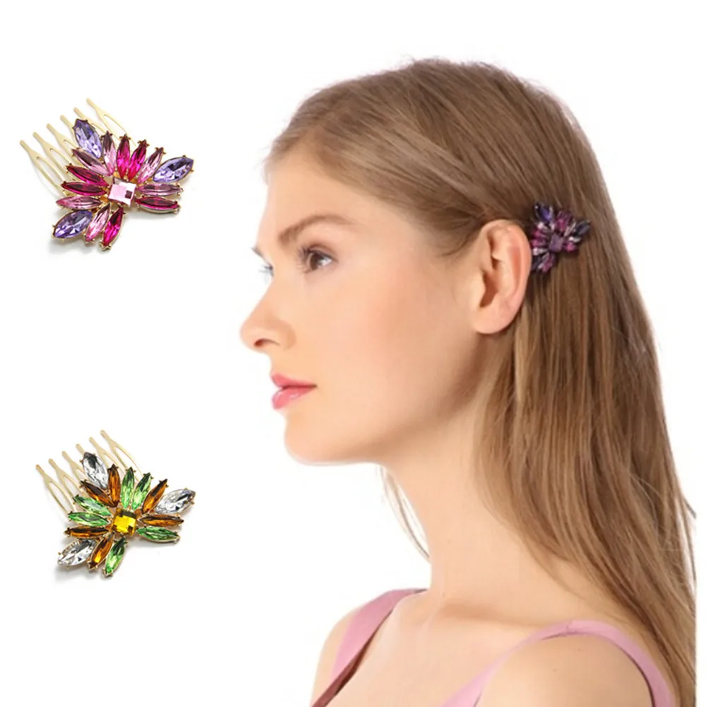 

New Colorful Rhinestone Hairpins Comb for hair Flowers Five-toothes Boho Hairbrush Purple Green Hair Accessories CF110