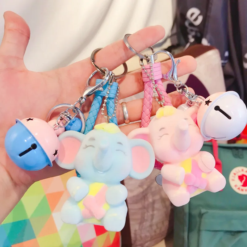 

Cute Cartoon Creative Flocking Dumbo keychain Keyring PVC Leather Rope Animal Little Fly Elephant Key Chain Women Bag Pendant