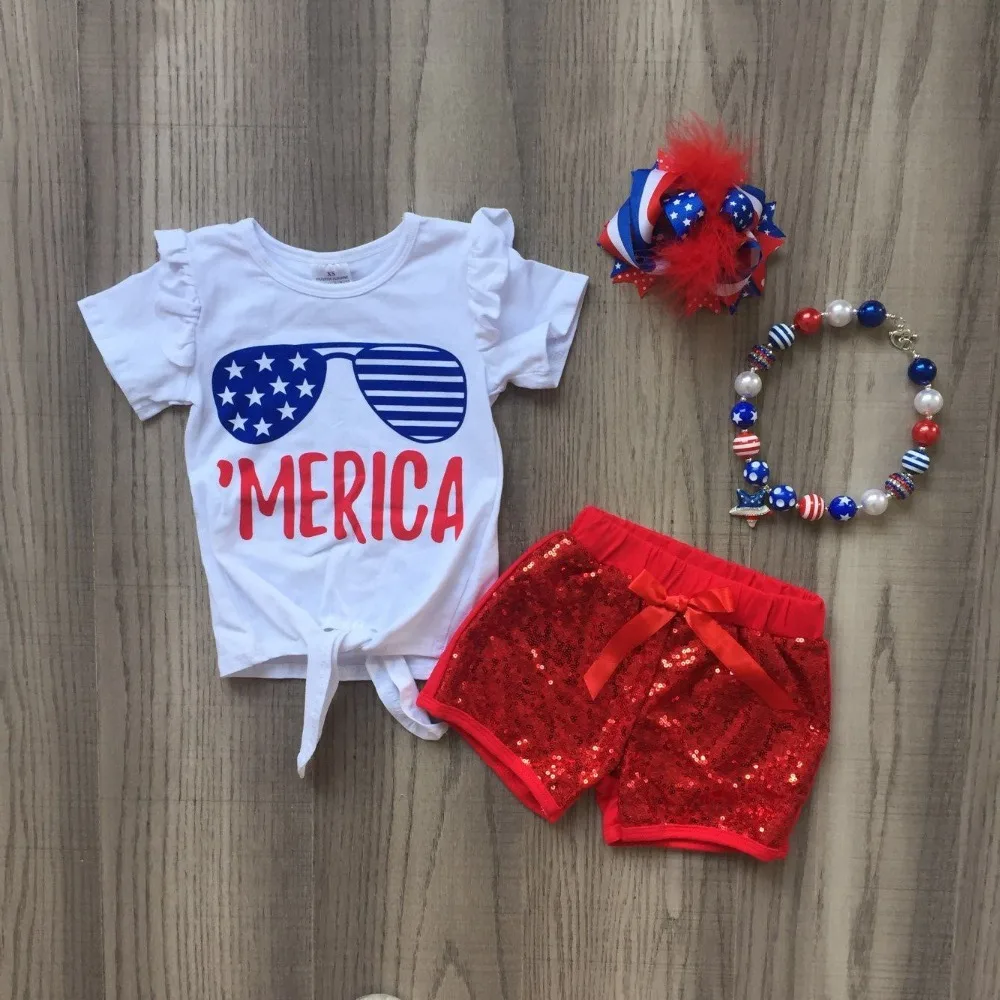

baby girls Summer clothes cotton glass Merica star boutique red sequins shorts white outfits girls July 4th match accessories