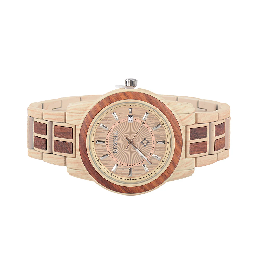 BEWELL New Arrival Unisex Alloy Wood Watch Men And Women Round Quartz Wristwatch 3 Bar Water Risistance Auto Date Watch W1053A 