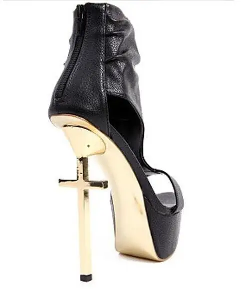 

punk style gold Cross heel high platform sandal real photo large size 43 nightclub cross high heel sandal T strap sandal