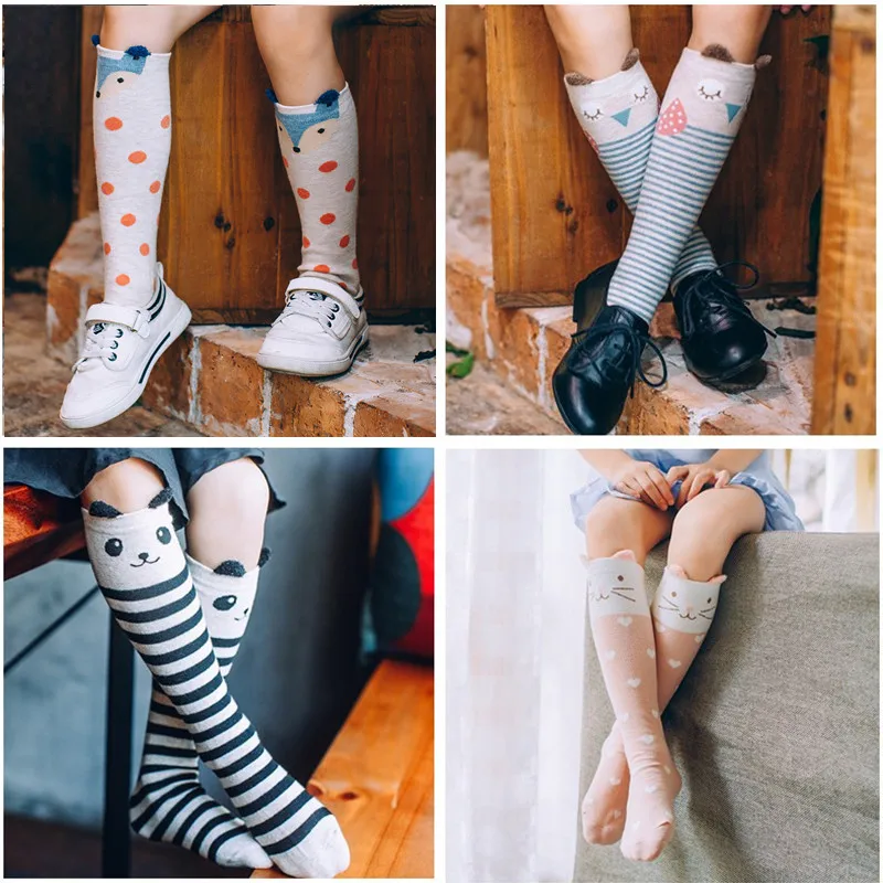 2017 Cute Animal Socks Kids Knee High Socks 3D Cartoon Boys Girls School Long Socks Baby Cotton Fox Stripes Dots Leg Warmer 1-9Y