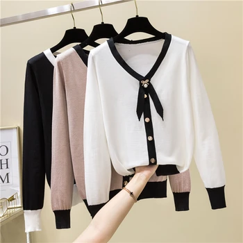 

Spring Autumn New Women's Cashmere Sweater Fashion Color Matching V-Neck Wool Knit Pullover Button Beading Short Sweater YF399
