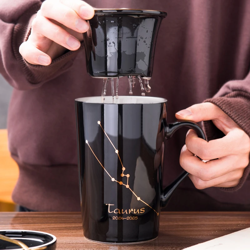 buy 12oz Creative Gold Printing Twelve Constellations Black Coffee Mug Tea Cup With Tea Leak with Lid and Spoon as Gift