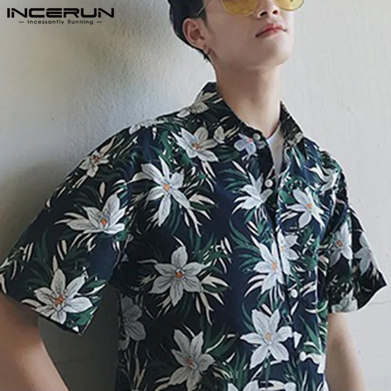 INCERUN Летняя мужская гавайская рубашка с цветочным принтом, короткий рукав, воротник с отворотом, мужские брендовые рубашки Camisa Masculina размера плюс