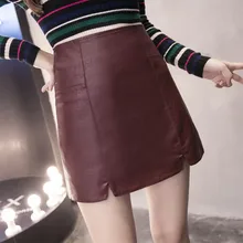 Юбки Весенняя новая юбка из искусственной кожи Женская юбка с высокой талией черная боковая мини-юбка на молнии для 4 сезонов