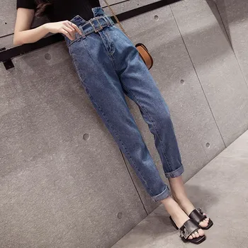 

Hot Sale 2019 New Loose Solid Plus Size Jeans Women Fashion Belt Pockets Denim Pants Harem Pants Casual High Waist Trousers