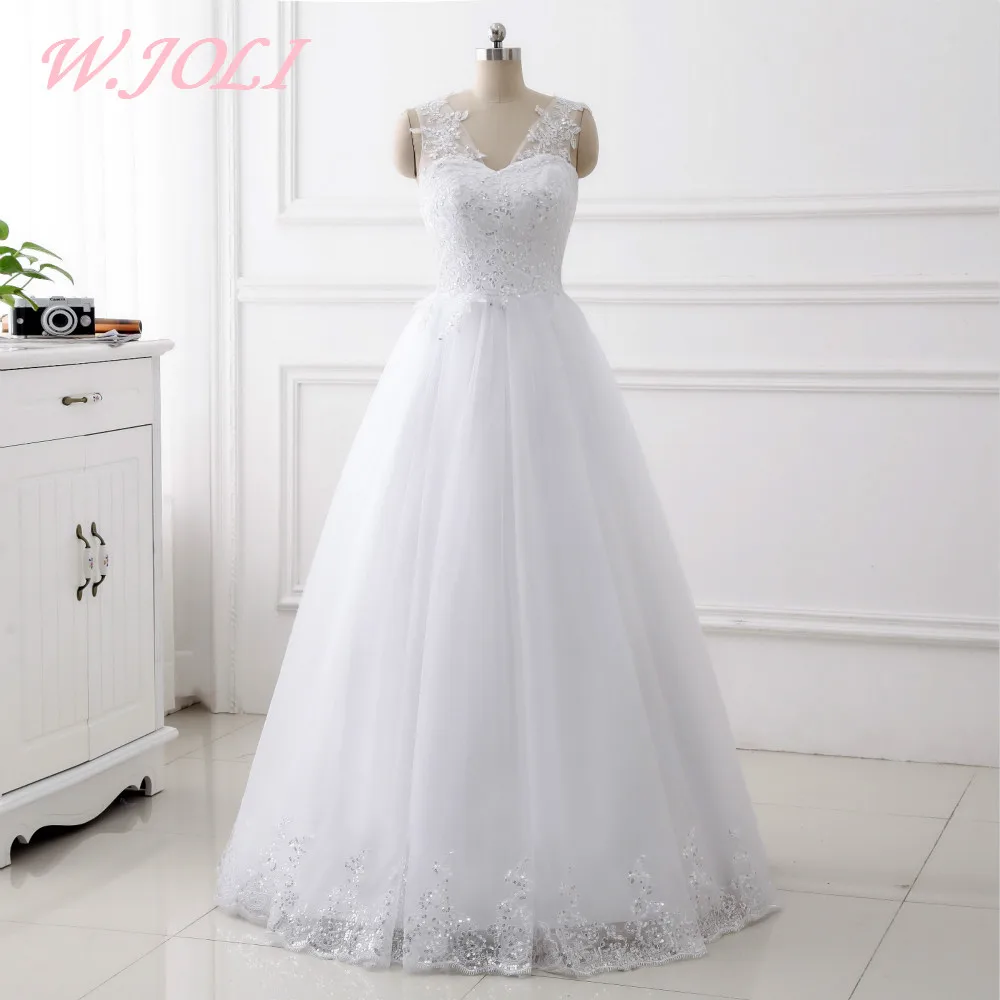

W.JOLI Wedding Dresses Long Lace Up Sleeveless Ball Gown Luxury Sequined Appliques V-Neck Wedding Dress