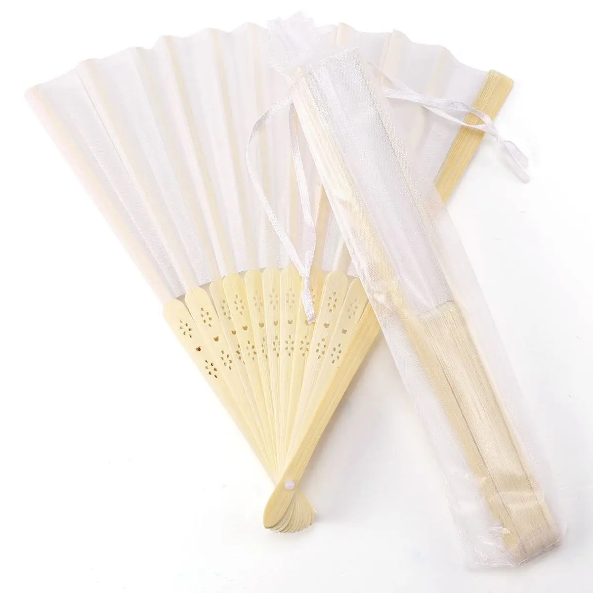 

10x fan in white silk fabric + bamboo with gift bag in muslin for wedding personalized dancing writing painting