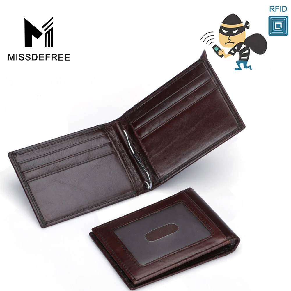 RFID Blocking Oil Wax Leather Deluxe Spring Money Clip ID Holder Wallet for Men Women Identity ...