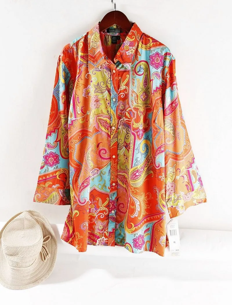 

Long Sleeve Shirt Blouse Plus Size Women 100% Cotton Print Hawaii xxxl Big