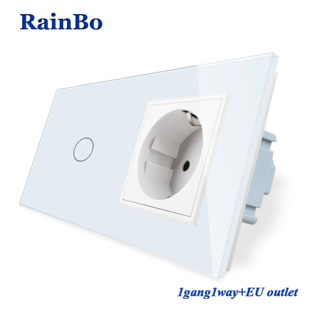 

RainBo Luxury-Touch Screen-Control Tempered-crystal Glass-Panel Wall-Light 1gang-1way Touch-Switch+EU Wall-Socket A29118ECW/B