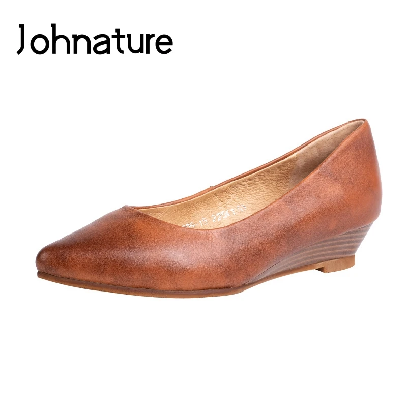 

Johnature 2019 New Spring/Summer Wedges Genuine Leather Pointed Toe Casual Retro Slip-on Shallow Women Shoes Pumps