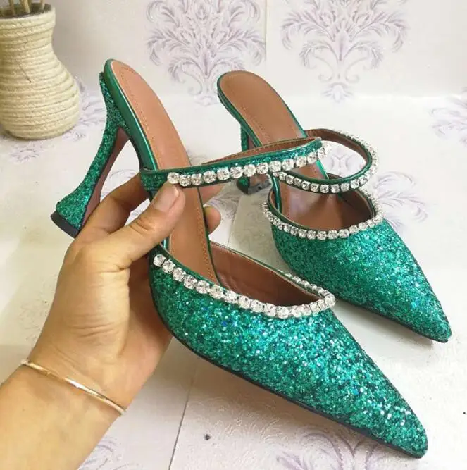 Г.; пикантные блестящие шлепанцы на высоком каблуке с острым носком; женская обувь с пряжкой и кристаллами; вечерние туфли с блестящими вставками - Цвет: green
