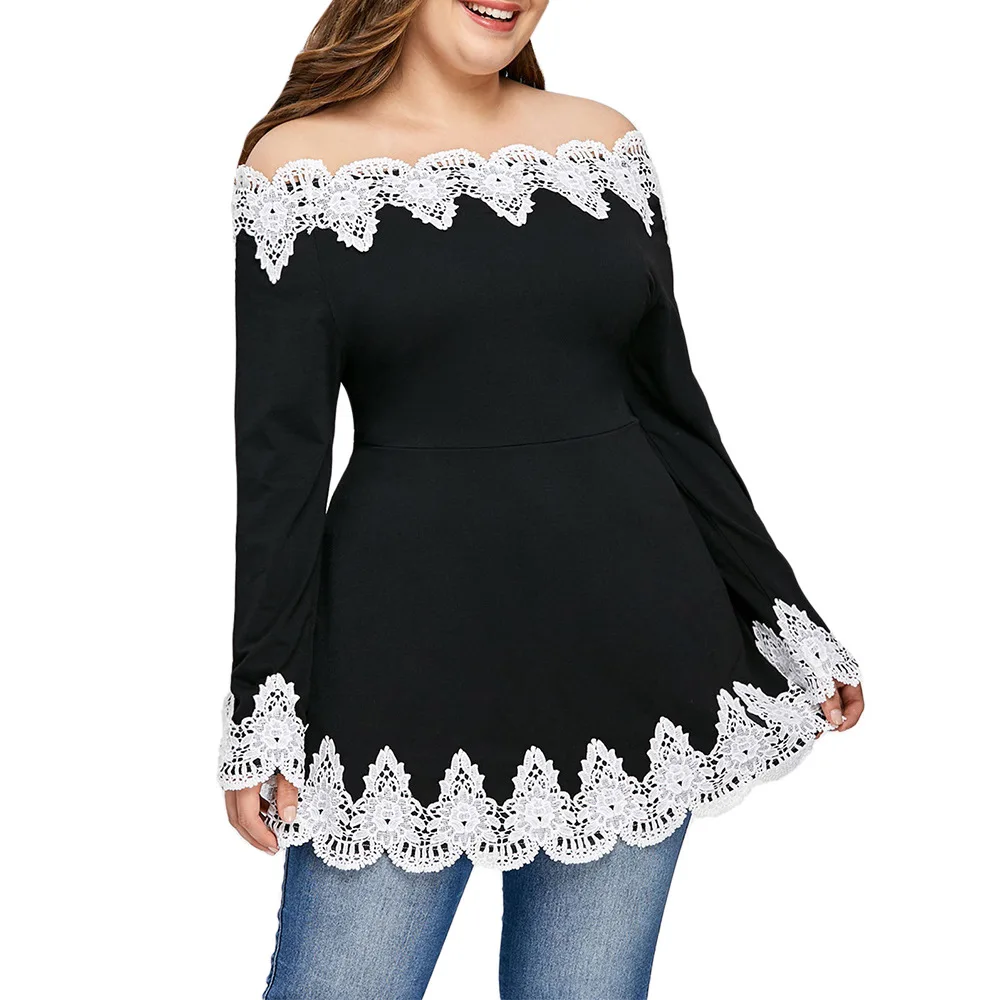 

Plus size women clothing slash neck Contrast long sleeve Lace loose top Women off the shoulder blouse Shirt Ladies fat MM XL-5XL