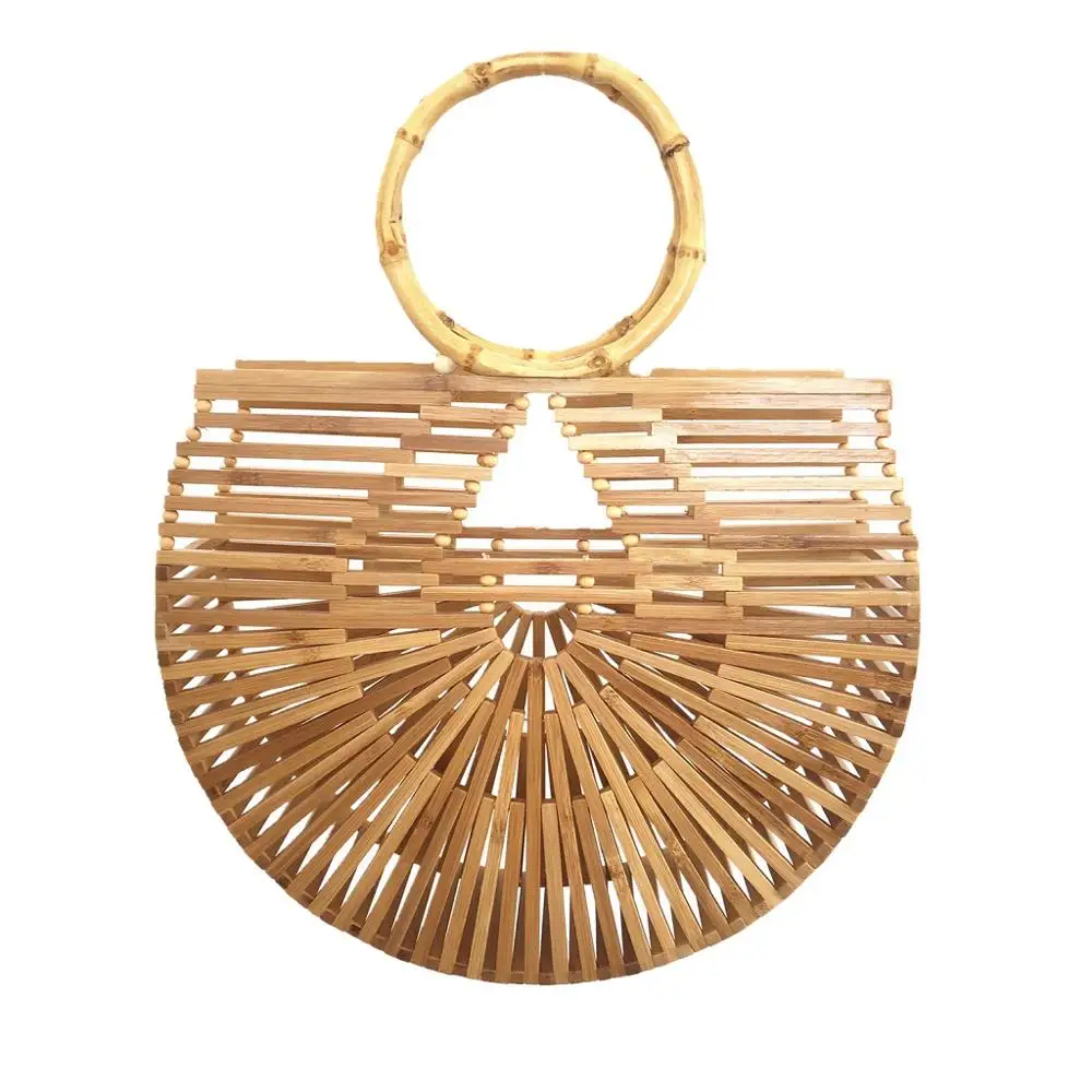 

Bamboo Handbags for Women 2019 Half Moon Round Beach Bags Round Bamboo Handle Fashion Ladies Beach Totes