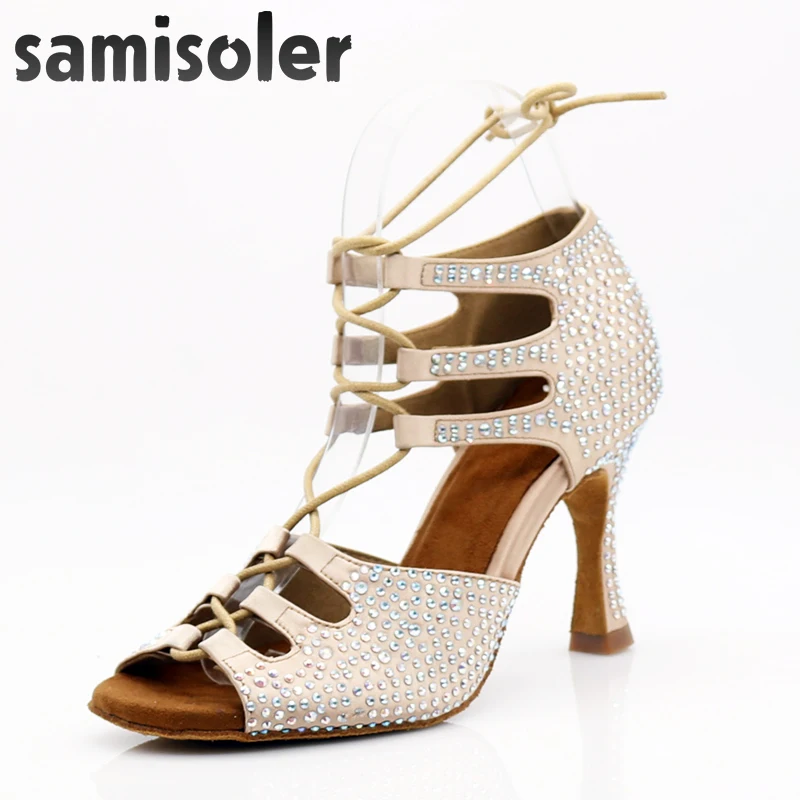 

Women Latin Dance Shoes Skin Satin Shining Big small rhinestone dancing shoes Flare heel 9cm Narrow foot Adjust width