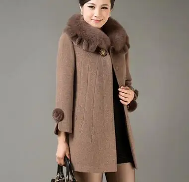 Осень-зима, Женская шерстяная куртка, среднего возраста и старше, новинка, большой размер, средняя длина, одноцветная Женская куртка, L-5XL, SES649 - Цвет: camel  888