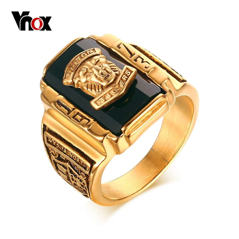 Vnox Men's Rock Punk Ring Gold-color Large Black CZ Stone Ring Men Jewelry Cool Lion Head School Party Rings delicate lion head shape ring for men