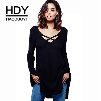 

HDY Haoduoyi Brand 2020 Solid Burgundy/Black Sweaters Women V-neck Hollow Out Cross Split Slim Knitted Tops Casual Pullovers