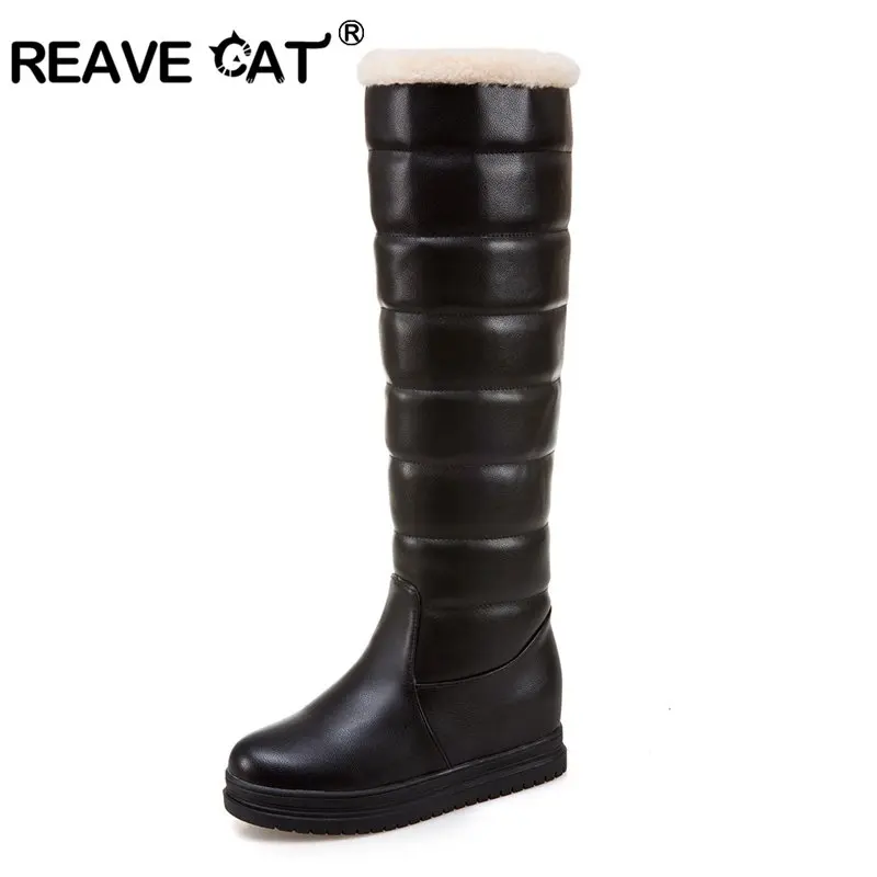REAVE CAT Snow boots Warm Woman Knee High Boots Famale PU Slip On
